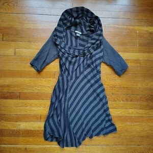 Prairie Underground Your Orbit Cotton Hemp Gray Striped Cowl Tunic Dress Medium